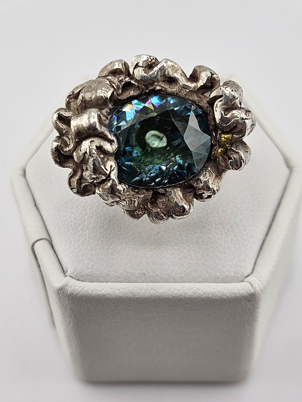 RARE Natural Blue Zircon Vintage Artisan Cast Sterling Silver Ring